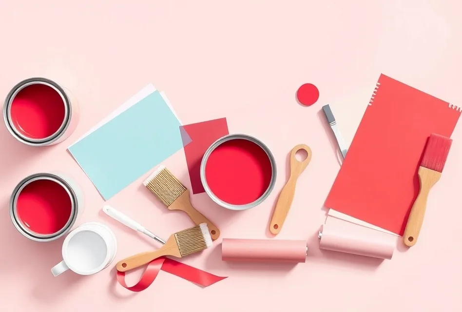 Pots de peinture, nuancier, brosses et rouleaux disposés à plat