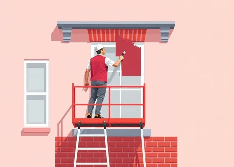 Peintre sur échafaudage traitant la façade d'une maison